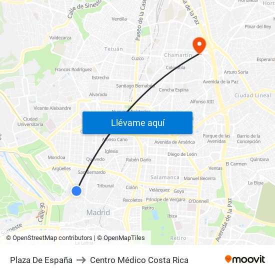 Plaza De España to Centro Médico Costa Rica map