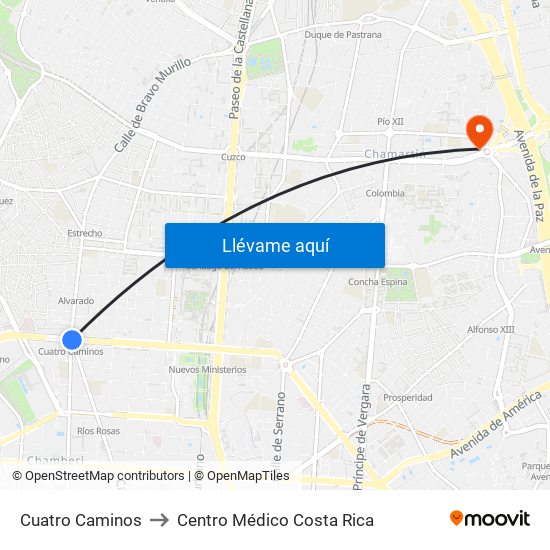 Cuatro Caminos to Centro Médico Costa Rica map