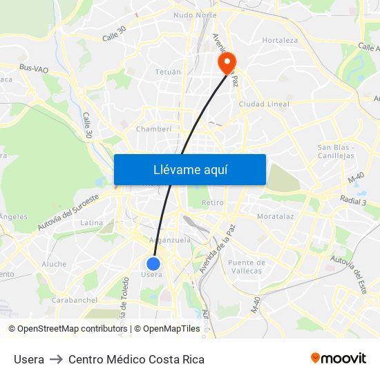 Usera to Centro Médico Costa Rica map