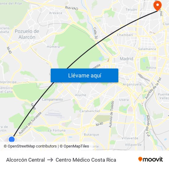 Alcorcón Central to Centro Médico Costa Rica map