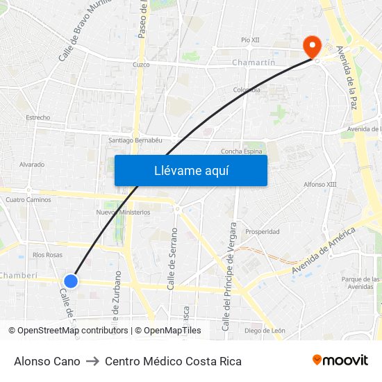 Alonso Cano to Centro Médico Costa Rica map