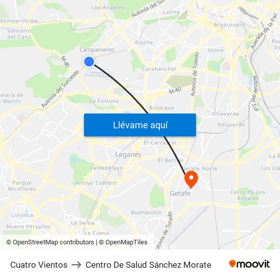 Cuatro Vientos to Centro De Salud Sánchez Morate map
