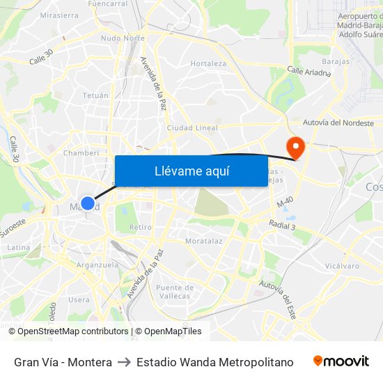Gran Vía - Montera to Estadio Wanda Metropolitano map