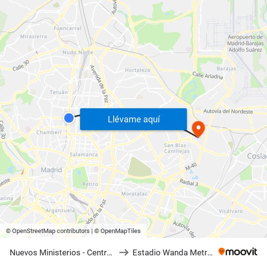 Nuevos Ministerios - Centro Comercial to Estadio Wanda Metropolitano map