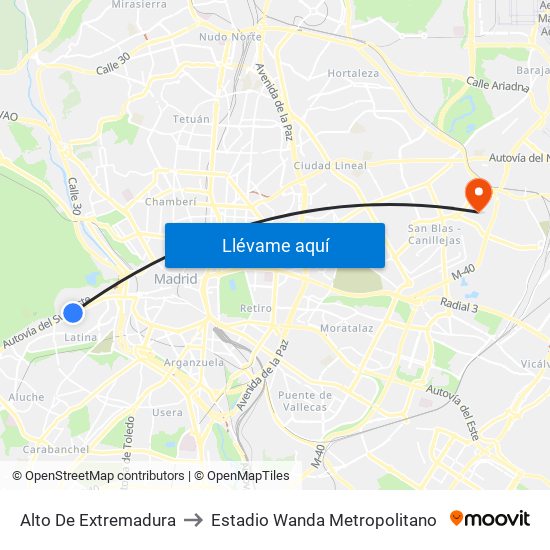 Alto De Extremadura to Estadio Wanda Metropolitano map