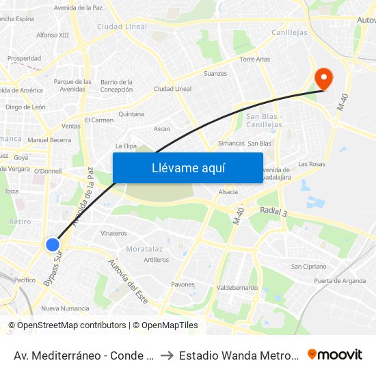 Av. Mediterráneo - Conde De Casal to Estadio Wanda Metropolitano map