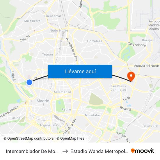Intercambiador De Moncloa to Estadio Wanda Metropolitano map