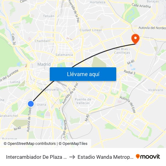 Intercambiador De Plaza Elíptica to Estadio Wanda Metropolitano map