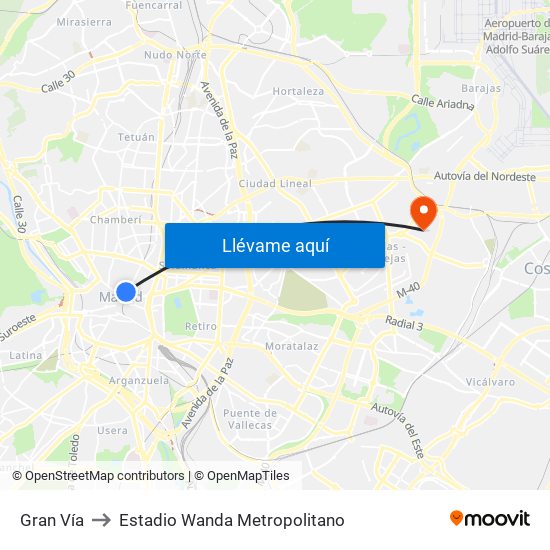 Gran Vía to Estadio Wanda Metropolitano map