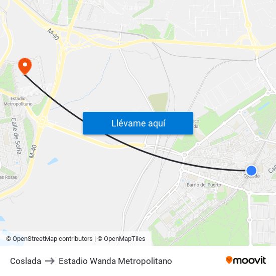 Coslada to Estadio Wanda Metropolitano map