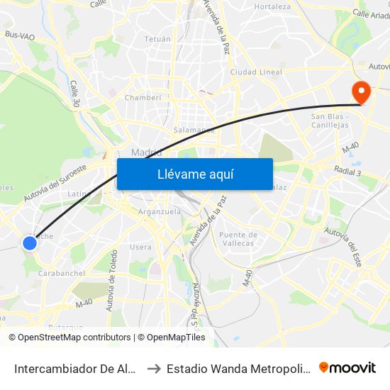 Intercambiador De Aluche to Estadio Wanda Metropolitano map