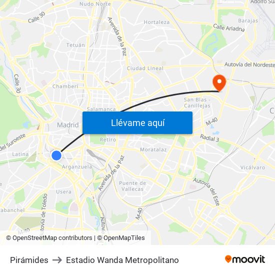 Pirámides to Estadio Wanda Metropolitano map