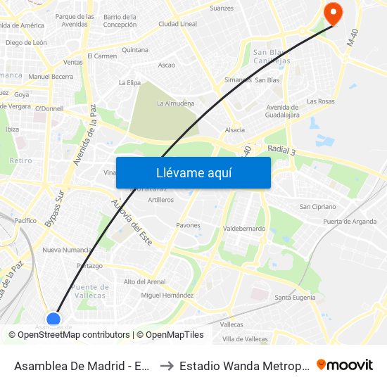 Asamblea De Madrid - Entrevías to Estadio Wanda Metropolitano map