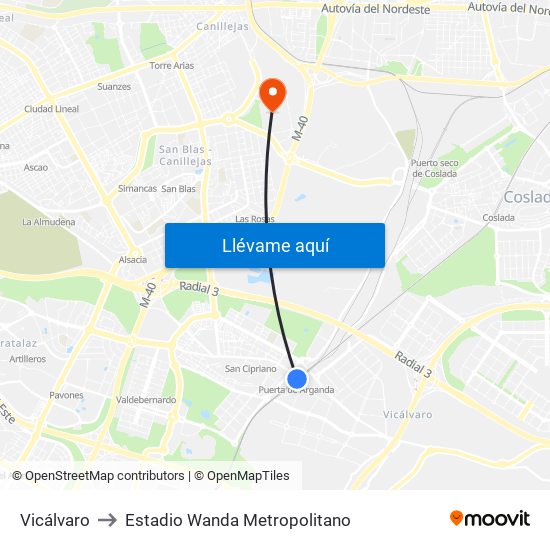 Vicálvaro to Estadio Wanda Metropolitano map