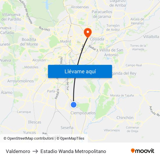 Valdemoro to Estadio Wanda Metropolitano map
