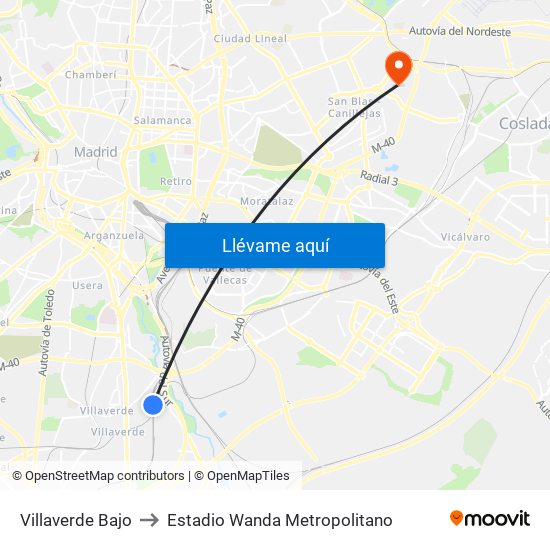 Villaverde Bajo to Estadio Wanda Metropolitano map