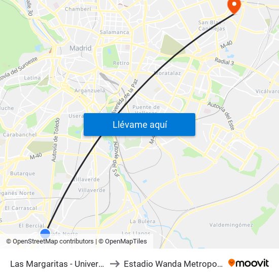 Las Margaritas - Universidad to Estadio Wanda Metropolitano map