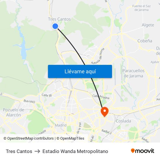 Tres Cantos to Estadio Wanda Metropolitano map