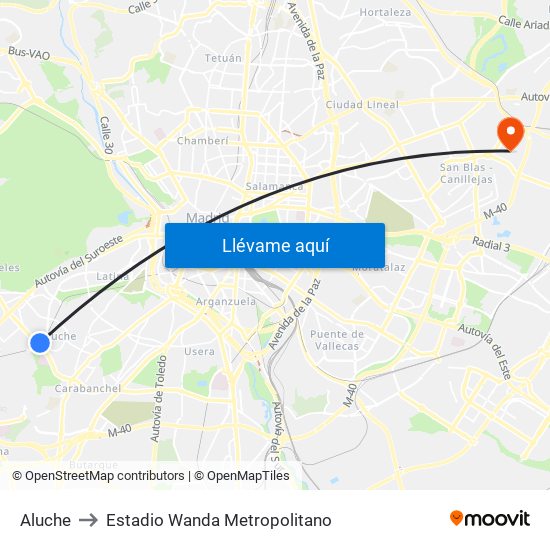 Aluche to Estadio Wanda Metropolitano map
