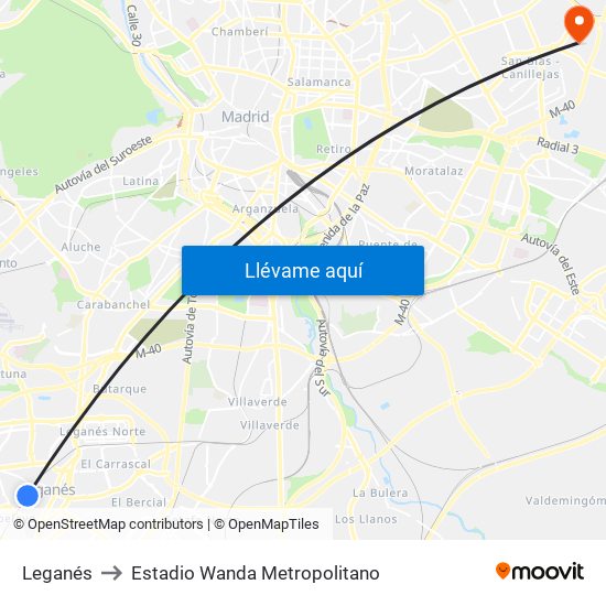 Leganés to Estadio Wanda Metropolitano map