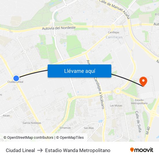 Ciudad Lineal to Estadio Wanda Metropolitano map