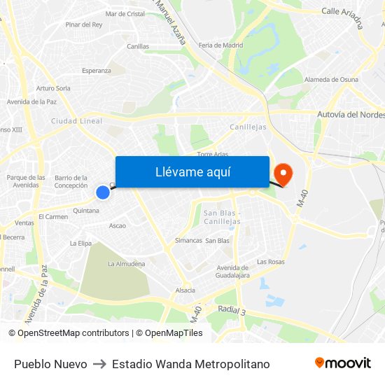 Pueblo Nuevo to Estadio Wanda Metropolitano map