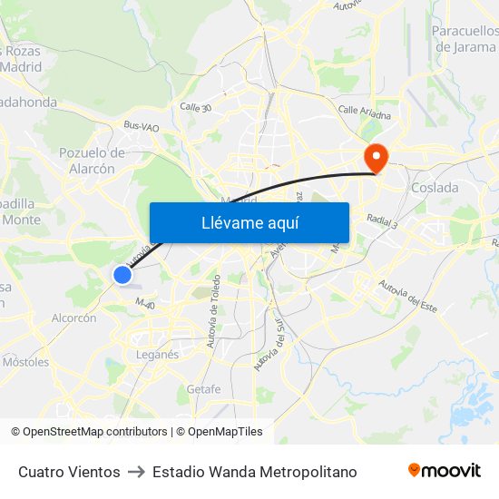 Cuatro Vientos to Estadio Wanda Metropolitano map