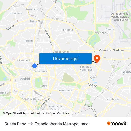 Rubén Darío to Estadio Wanda Metropolitano map