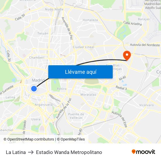 La Latina to Estadio Wanda Metropolitano map