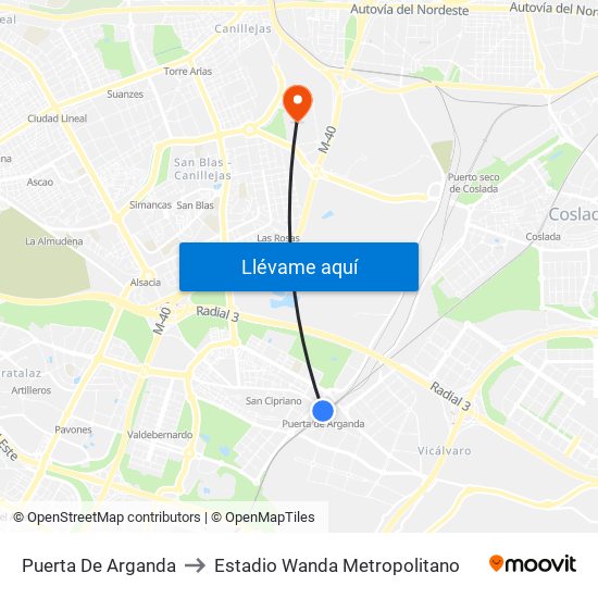 Puerta De Arganda to Estadio Wanda Metropolitano map