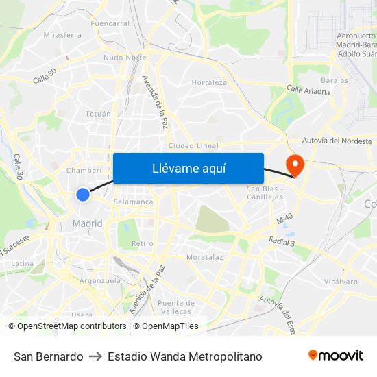 San Bernardo to Estadio Wanda Metropolitano map