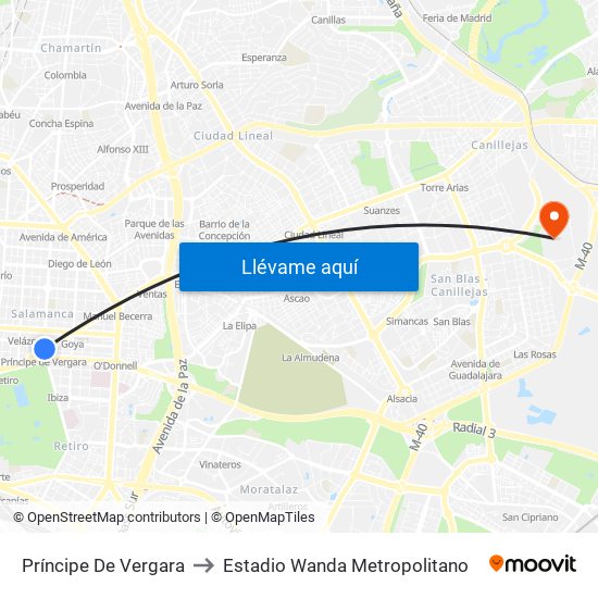 Príncipe De Vergara to Estadio Wanda Metropolitano map