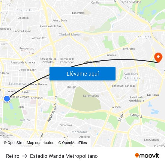 Retiro to Estadio Wanda Metropolitano map