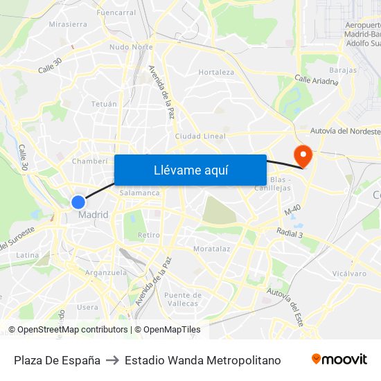 Plaza De España to Estadio Wanda Metropolitano map