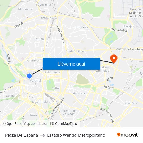 Plaza De España to Estadio Wanda Metropolitano map