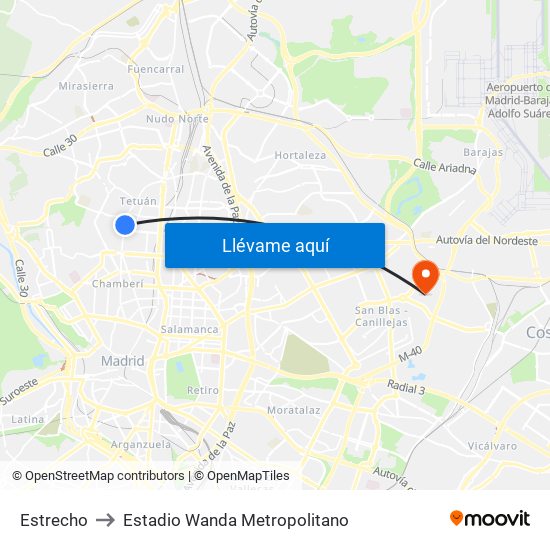Estrecho to Estadio Wanda Metropolitano map