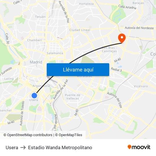 Usera to Estadio Wanda Metropolitano map