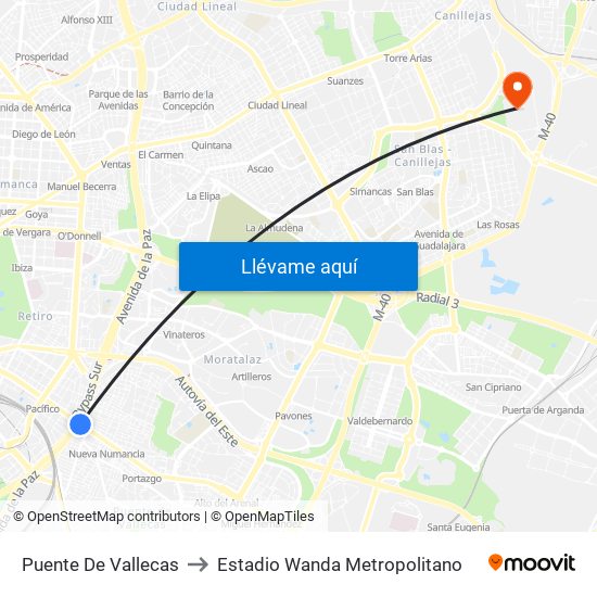 Puente De Vallecas to Estadio Wanda Metropolitano map