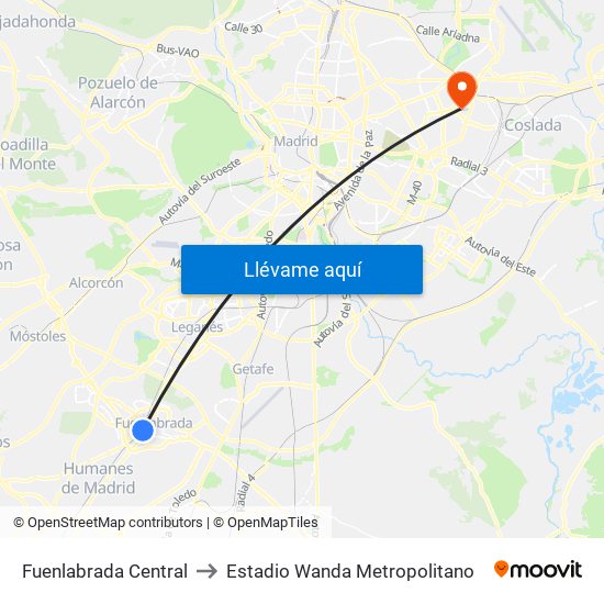 Fuenlabrada Central to Estadio Wanda Metropolitano map