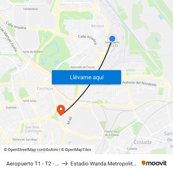 Aeropuerto T1 - T2 - T3 to Estadio Wanda Metropolitano map