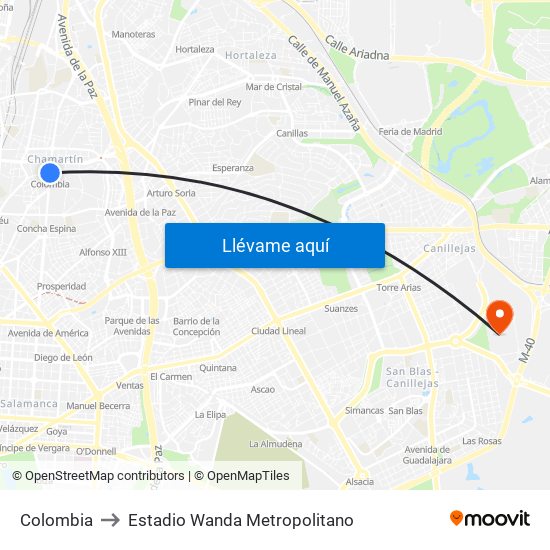 Colombia to Estadio Wanda Metropolitano map