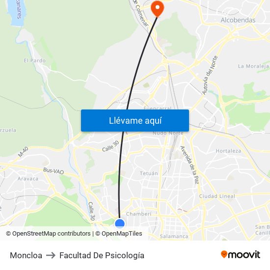 Moncloa to Facultad De Psicología map