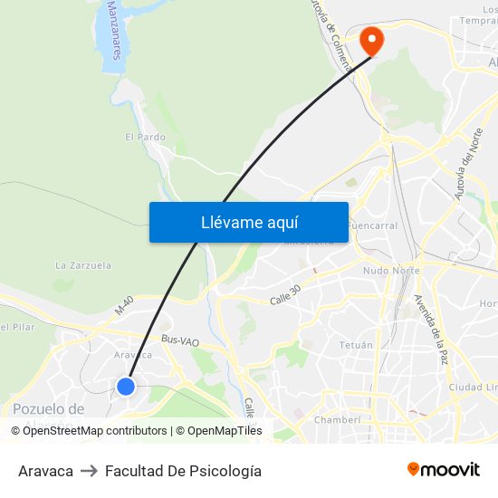 Aravaca to Facultad De Psicología map