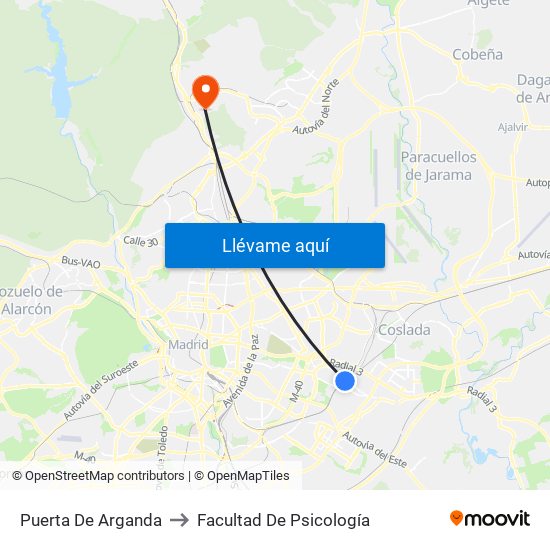 Puerta De Arganda to Facultad De Psicología map