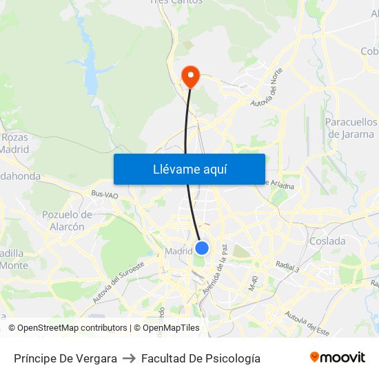 Príncipe De Vergara to Facultad De Psicología map