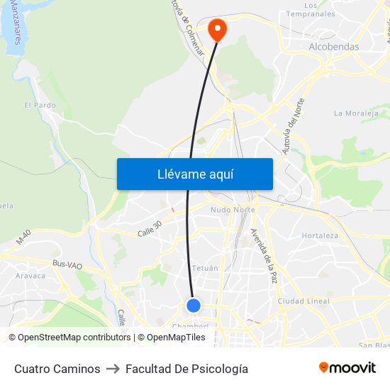Cuatro Caminos to Facultad De Psicología map