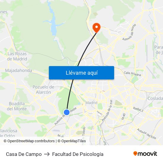 Casa De Campo to Facultad De Psicología map