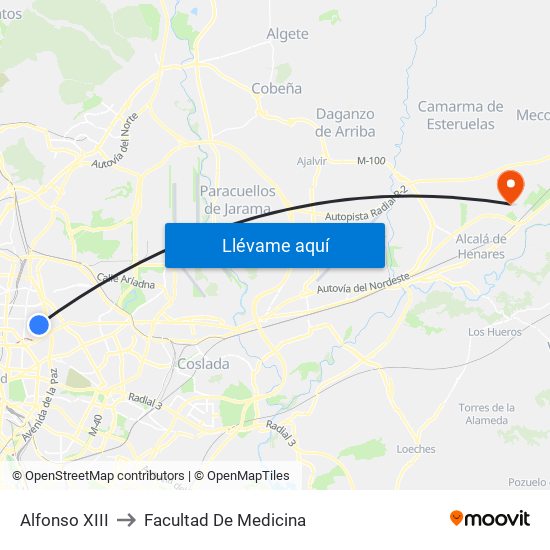 Alfonso XIII to Facultad De Medicina map