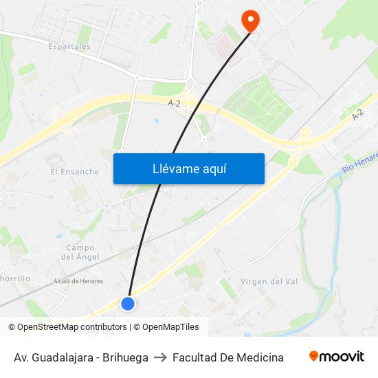 Av. Guadalajara - Brihuega to Facultad De Medicina map