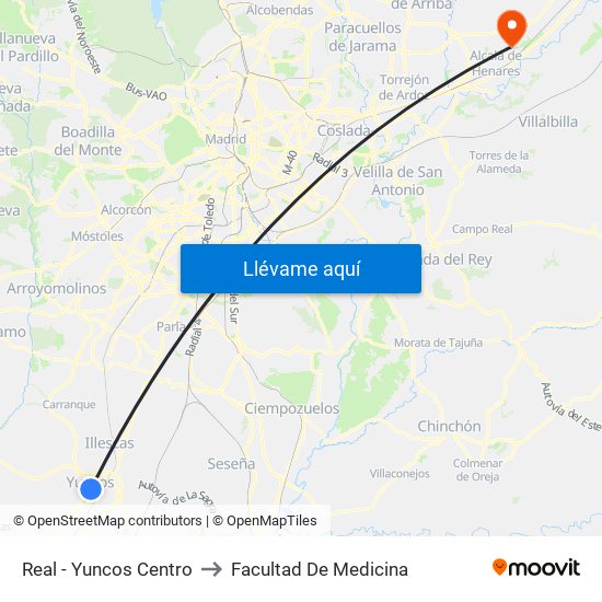 Real - Yuncos Centro to Facultad De Medicina map
